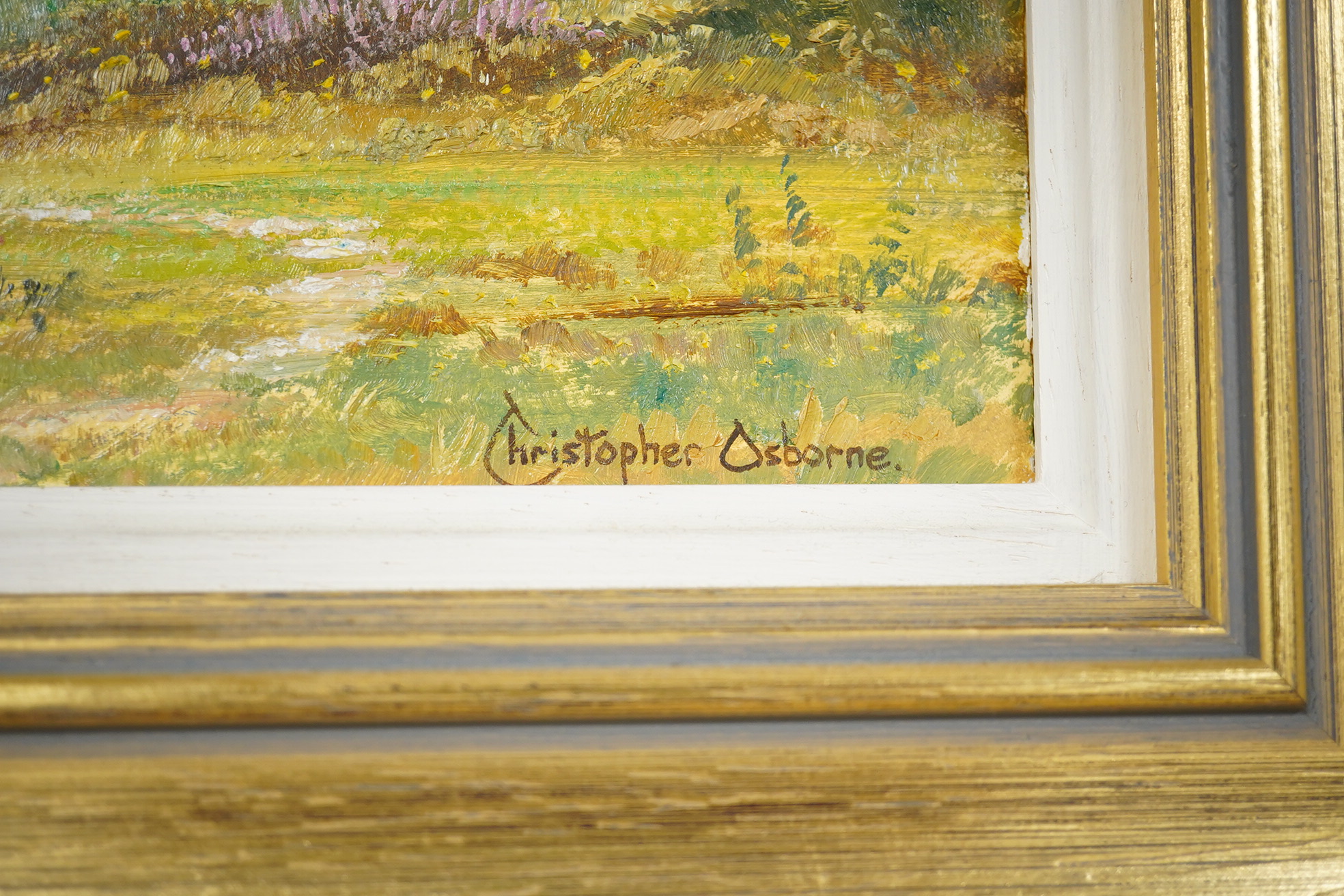 Christopher Osborne (b.1947), two oils on board, ‘On Lullington Heath’ and ‘The Ramblers Path’, each signed and inscribed verso, largest 19 x 29cm, gilt framed. Condition - good